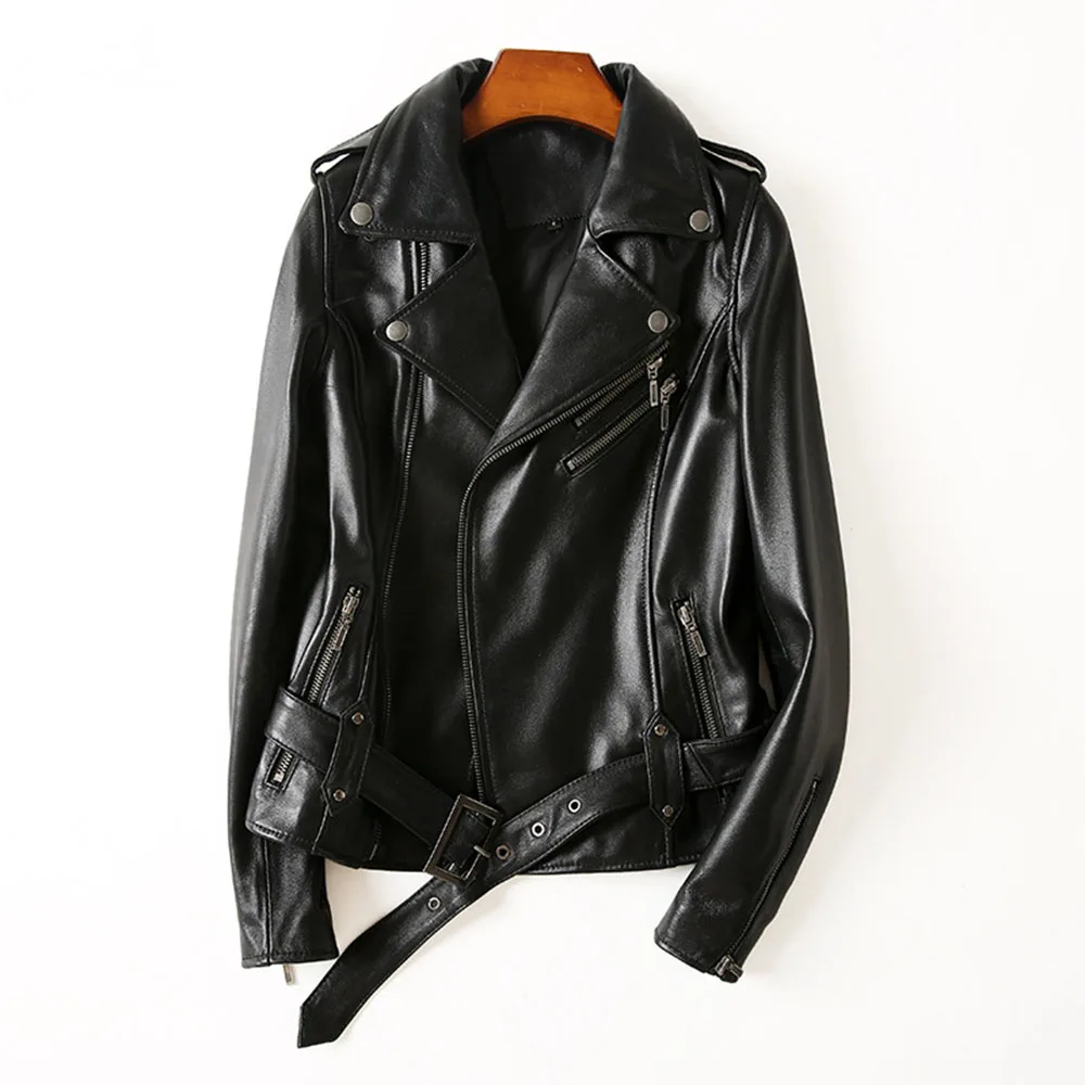 Новинка весны, Корейская мотоциклетная кожаная куртка для женщин, настоящая овчина, черное пальто, тонкая натуральная кожа, куртки с длинным рукавом - Цвет: Черный