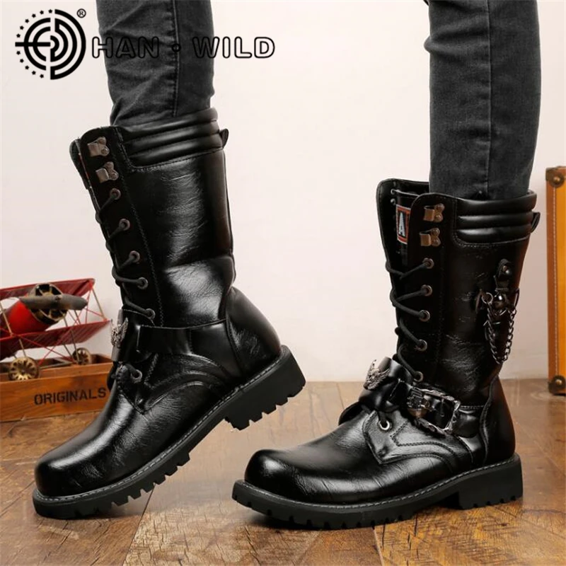Fivela Exército Tático Preto Botas Do Cano Motocicleta Homens Qualidade De Metal Punk Militar Couro Alta Alto Sapatos w7pPYaq