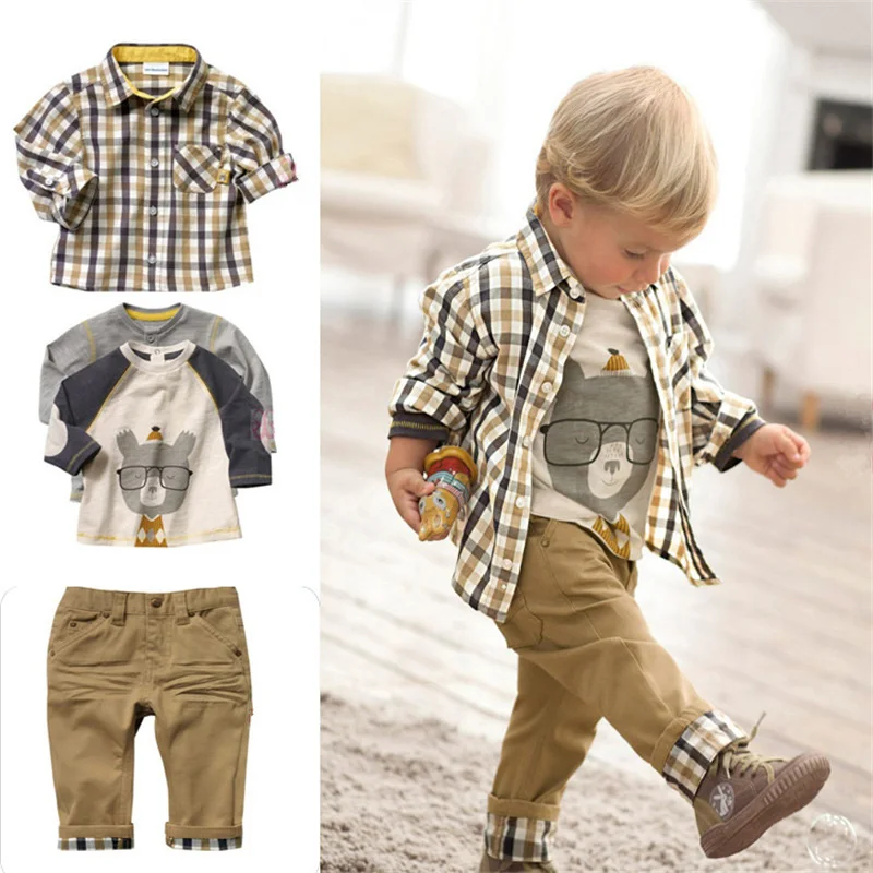 Комплекты одежды для мальчиков из 3 предметов хлопковая рубашка в клетку для маленьких мальчиков+ футболка с длинными рукавами с рисунком+ повседневные штаны детская одежда на весну и осень