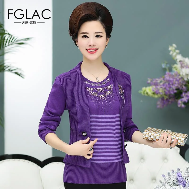 FGLAC المرأة البلوزات جديد 2018 الربيع محبوك البلوفرات أنيقة ضئيلة وهمية اثنين من قطعة الأم الملابس في منتصف العمر البلوزات
