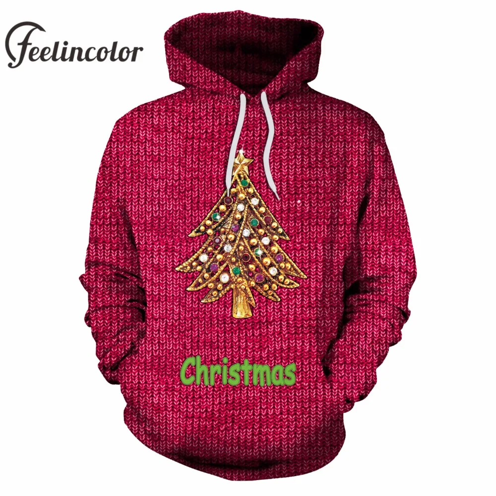 Feelincolor New Arrival 3d Hoodies Christmas Tree Hoodie Red Hooded