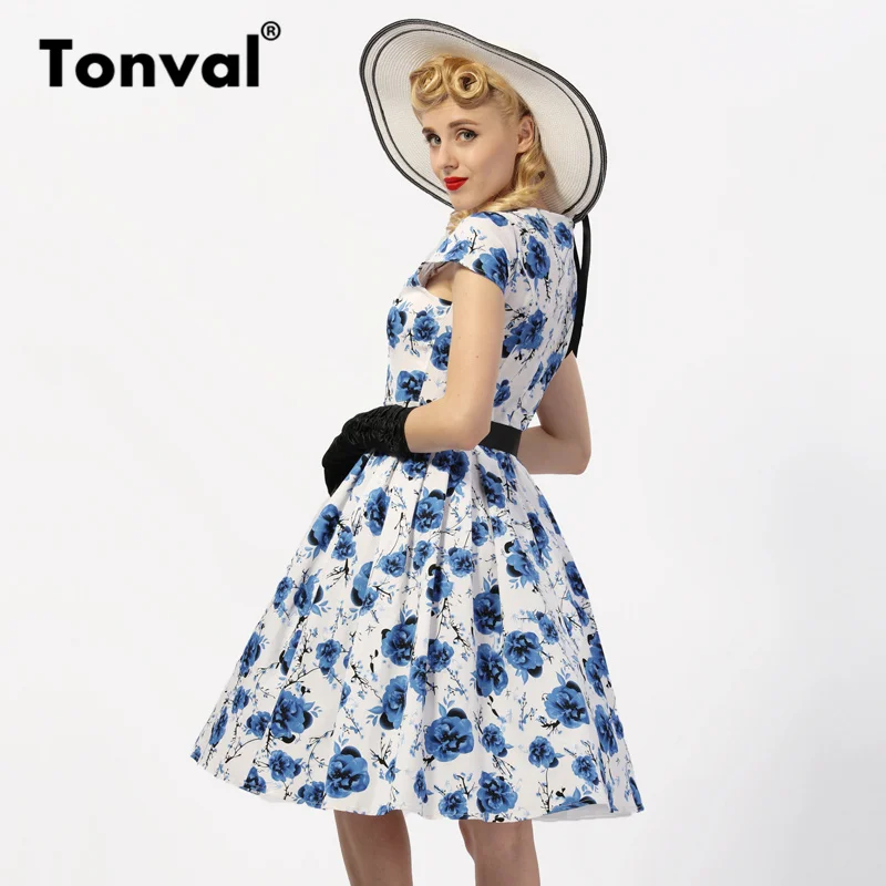 Женское плиссированное платье Tonval синее винтажное с квадратным вырезом и