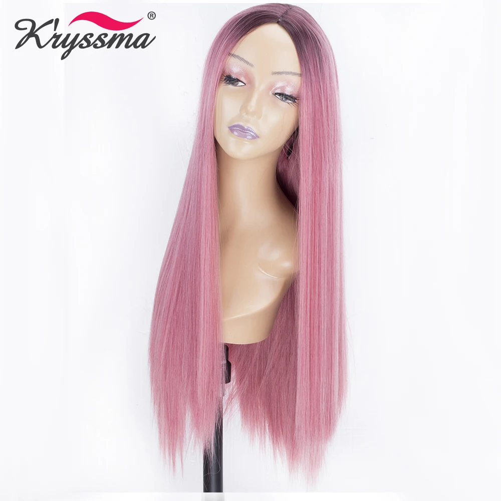 Розовые длинные шелковистые прямые синтетические волосы парики с темными корнями Омбре парики для женщин Glueless термостойкие волокна левая часть