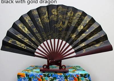 Последний большой цветочный мужской ручной вентилятор китайский бамбуковый Шелковый складной веер традиционный ремесло Свадебный вентилятор - Цвет: black gold dragon