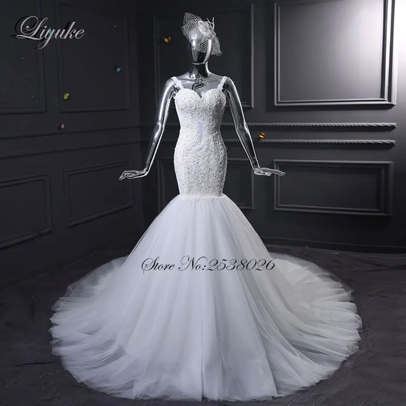 

Liyuke J35 Fabulous Tulle Sweetheart Mermaid Wedding Dresses Chapel Train Appliques Beaded Backless Elegant Bridal Dresses