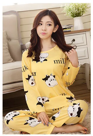 Женские хлопковые пижамы hello kitty, комплекты ночного белья, мягкая Пижама женская ночная рубашка, модные стильные пижамные комплекты, Новое поступление PJM004 - Цвет: niutou yellow