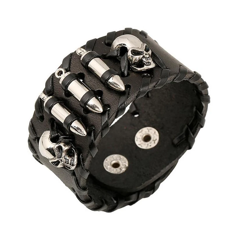

Original Brand Steampunk Male Bangles Leather Woven Wide Cowhide Bracelet Vintage Jewelry Metal Bullet Skull Rivet Mens Bracelet