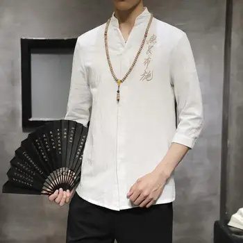 

Chinese Type Mens Embroidered Linen Shirts 3/4 Sleeve Covered Buttons Summer 4XL 5XL Plus Size Linen Shirt XXXXXL Blouse Men