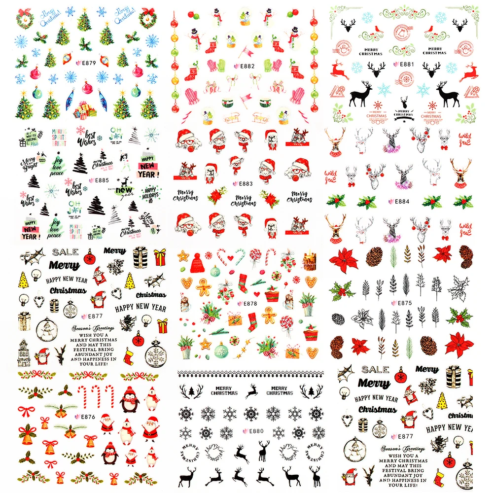 

11Sheet 3D Santa/Claus/Elk/Snowman Design Nail Adhesive Stickers Christmas New Year Nail Decals Wraps Manicure Decoration Tools