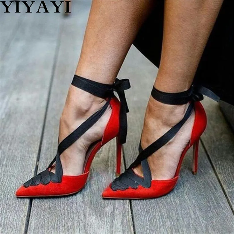 

New Runway Red Flock Pumps Women Shoes Cross Strappy High Heels Sexy Pointed Toe Stiletto Dress Wedding Pumps Lace-Up Shoes