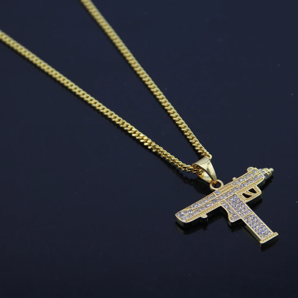 Gold Color Uzi Gun Pendant Necklace Men Alloy Full crystal Bling Hip