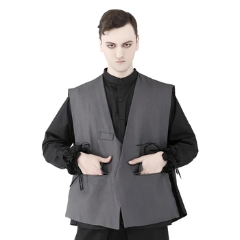 

Punk Men Asymmetric Loose Waistcoat Motorcycle Deep V Neck Summer Sleeveless Grey Suit Vest Outwear