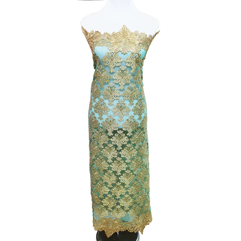 2y Gold Metallic Beaded Rhinestones Embroidered Bridal Applique African