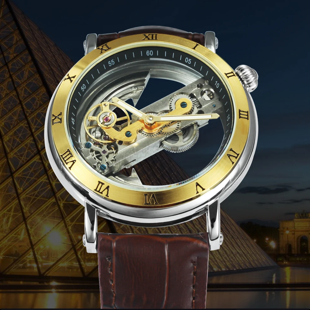

WINNER Top Brand Luxury Men Watch Golden Bridge Design Roman Number Genuine Leather Strap Royal Male Auto Mechanical Wristwatch