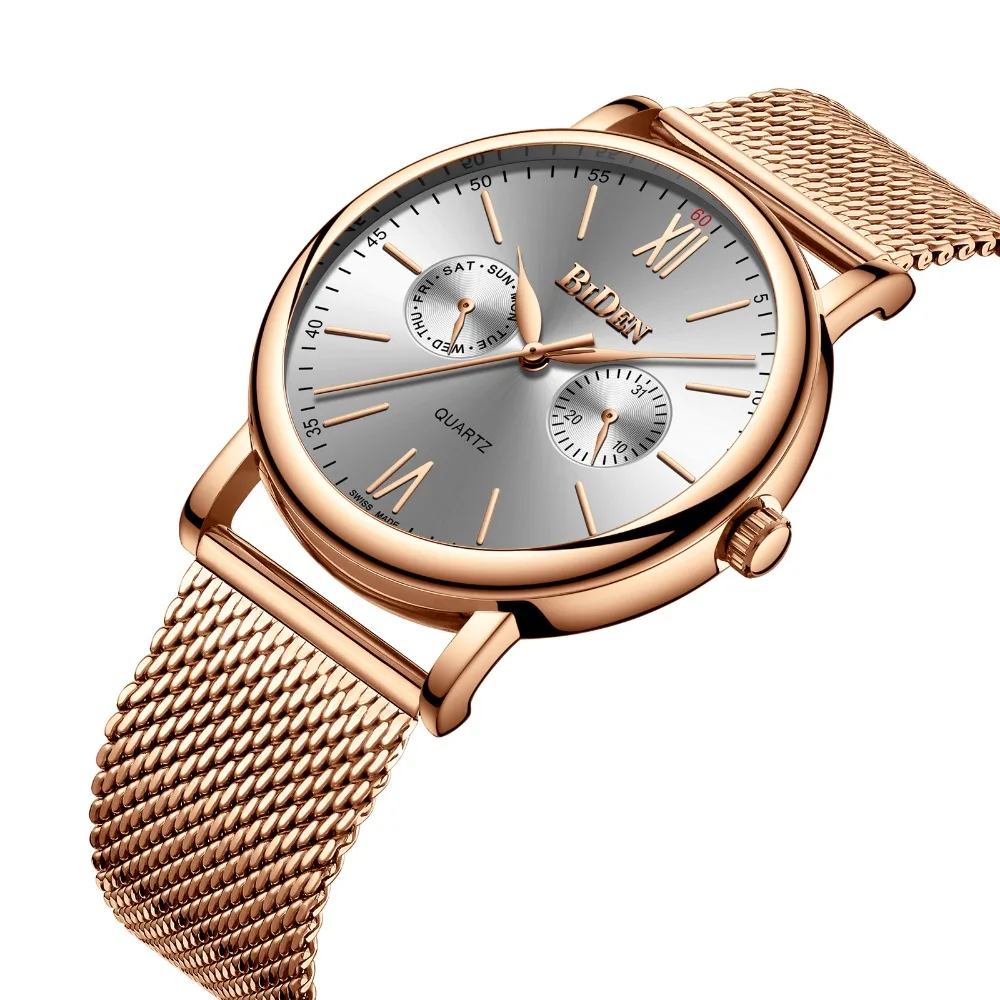

Top Brand Luxury Watch Men Quartz Analog Clock Rose Golden Mesh Strap 2 Sub-dials 5 Hands Fashion Dress Gentlemen Wristwatches