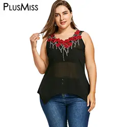 Plusmiss плюс Размеры Цветочные Аппликации из прозрачной сетки майка женская одежда большой Размеры Лето 2018 без рукавов пикантные черные