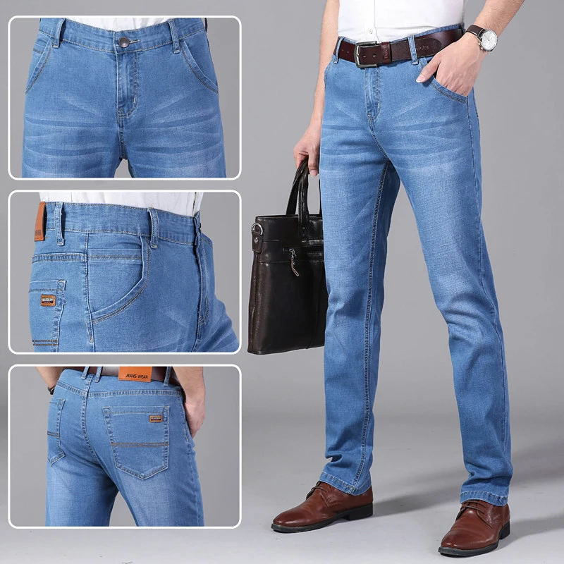 Brother Wang Men Jeans Business Casual Light Blue Elastic Force Fashion Denim Jeans Trousers Male Brand