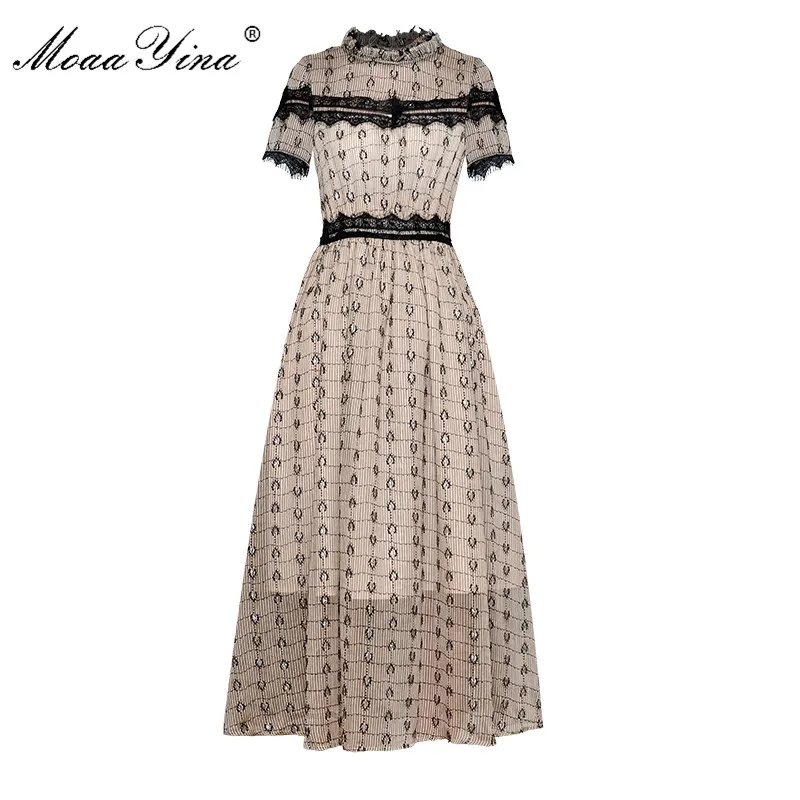 

Moaa Yina Fashion Designer Runway dress Spring Summer Women Dress Short sleeve Lace Stripe Dresses