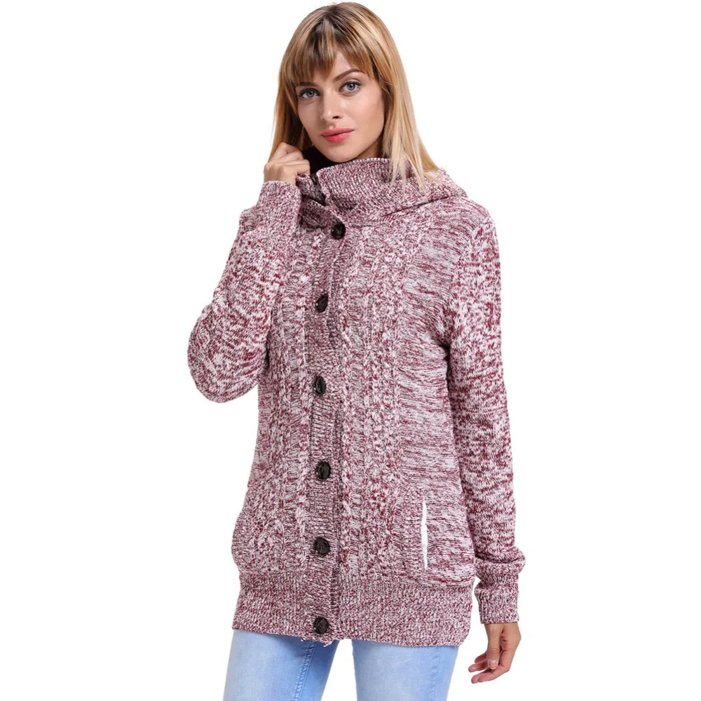 2019 Spring/ Autumn New Arrival Women Knitted Sweater Button Design Solid Color Hooded Coat 2019 Spring/ Autumn New Arrival Women Knitted Sweater Button Design Solid Color Hooded Coat