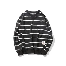 Men's Spring Autumn Round Collar Cotton Long Sleeve Turtleneck Sweatshirt Japanese Harajuku Style Black White Stripe Thin Shirt