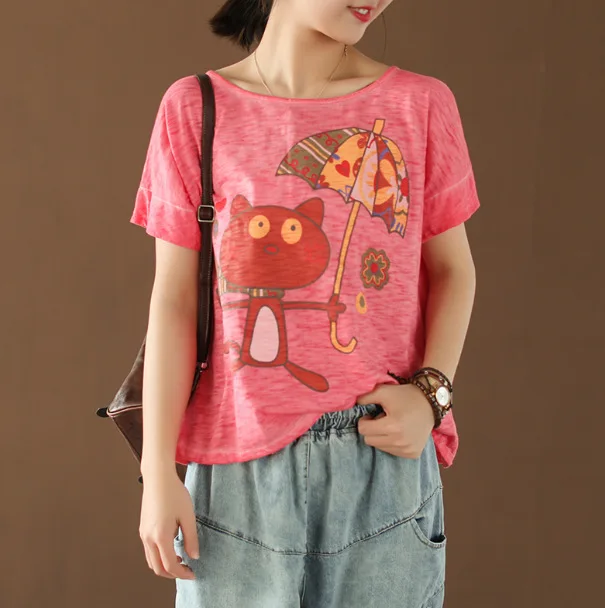 

New Summer T-shirt Women Fashion Cute Slim-type Pullovers New Tops O-neck Short Sleeve Print Character Mori Girl T-shirt 2019