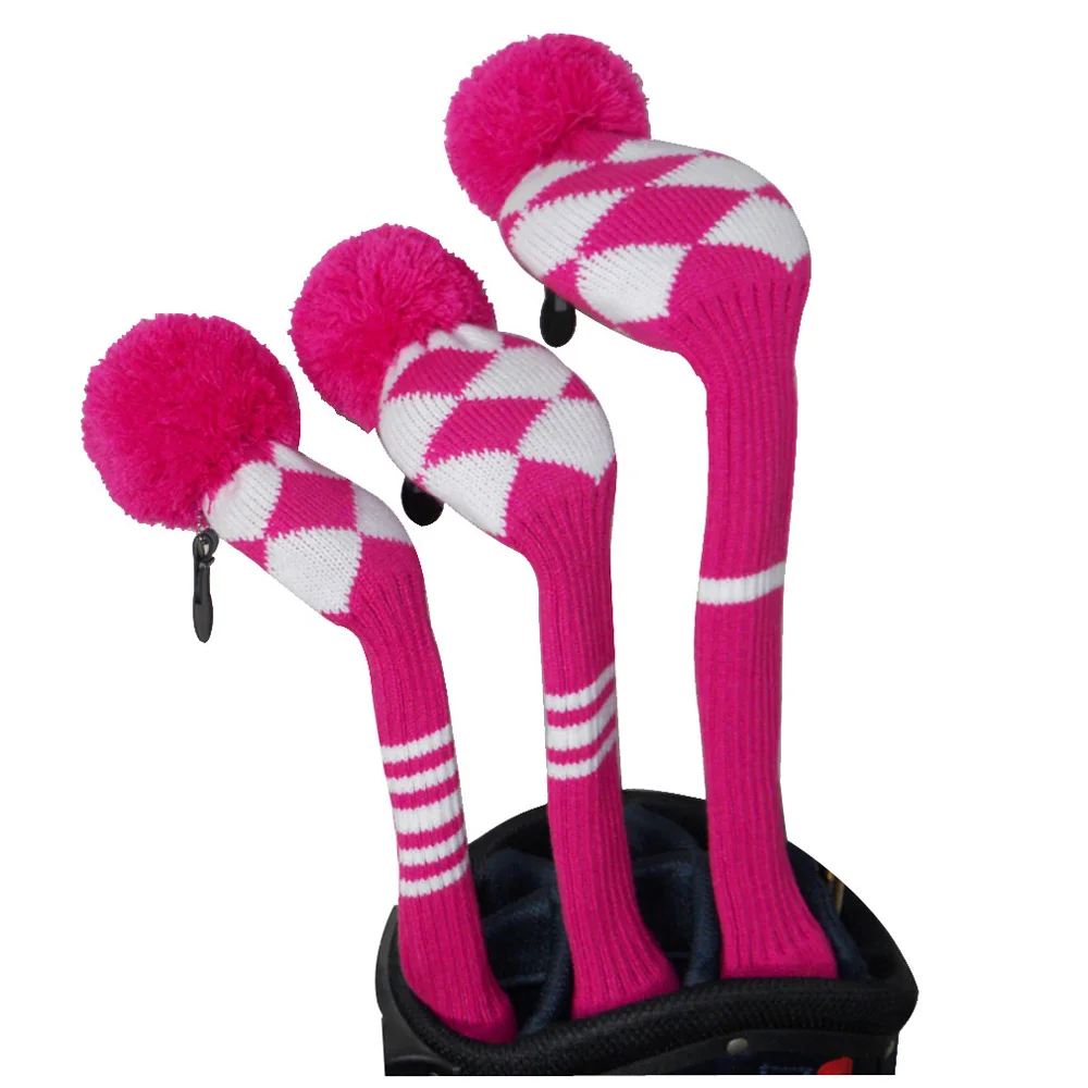 Rose/ White Classic Argyle Style Ladies' Knit Golf Headcover Set of 3