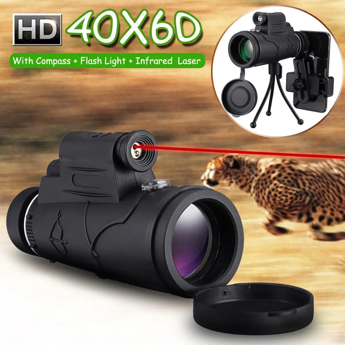 

40X60 Zoom Monocular Telescope Telephoto with LED Phone Camera Lens Tripod Kit Day & Night Vision HD Optics Zoom Telescope Lens