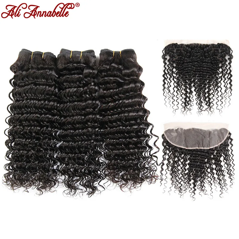 

ALI ANNABELLE HAIR Deep Wave Brazilian Human Hair Bundles With Lace Frontal Natural Black 3 Bundles Hair Weave Remy Hair