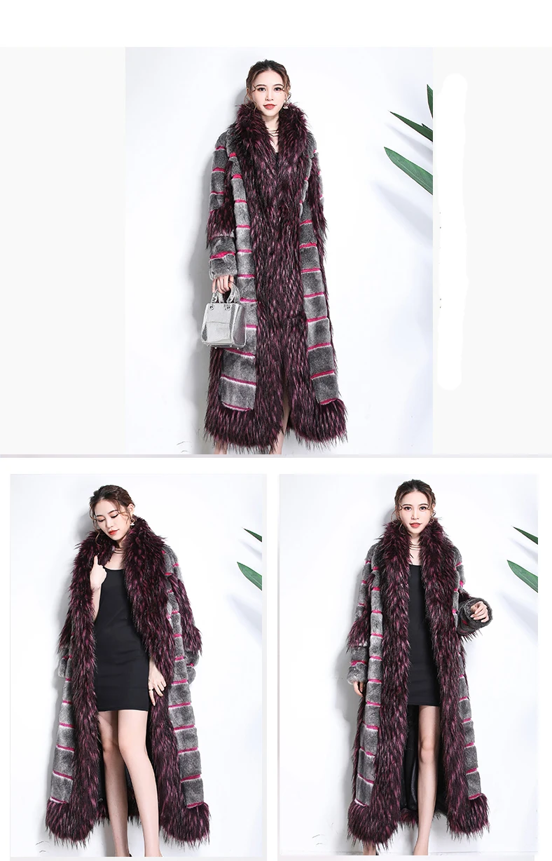 Роскошное Женское пальто с искусственным лисьим воротником из искусственного меха зимняя пушистая куртка в стиле пэчворк длинного размера плюс теплая верхняя одежда Okd697