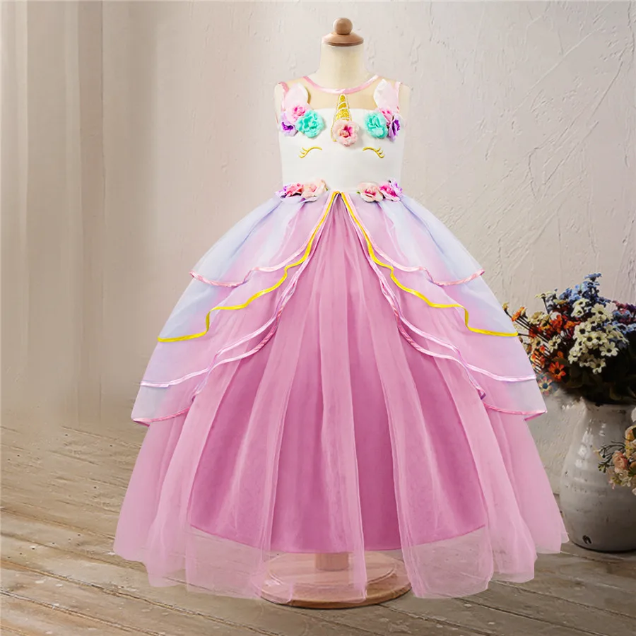 

Pink Girl Princess Dress Unicorn Tulle Lace Floral Kids Birthday Party Dresses Layered Ball Gown for Wedding Children Clothes