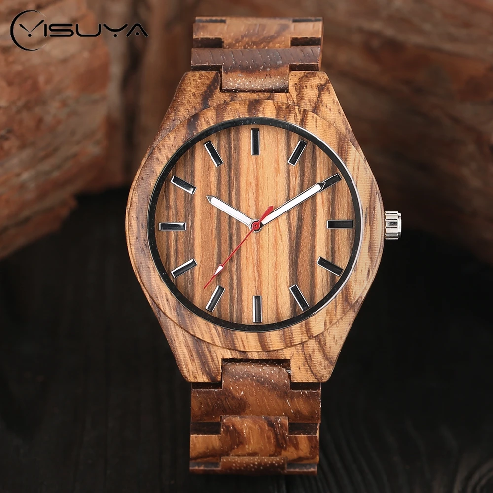 Kopen Volledige Streep Bamboe Creatieve Houten Horloges Novel Natuur Hout Mens Polshorloge Timber Band Vouw Sluiting Quartz Mannetjes Horloges
