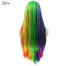 Sylvia коробка ручной работы оплетенные парики афро Америка Длинные Синтетические Кружева передние парики для женщин косплей радуга красочные/ярко-зеленый