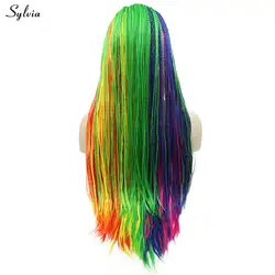 Sylvia коробка ручной работы оплетенные парики афро Америка Длинные Синтетические Кружева передние парики для женщин косплей радуга