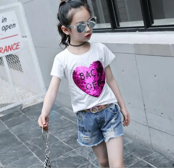 Летняя детская одежда футболка для девочек модные хлопковые футболки с короткими рукавами для маленьких девочек, Детская футболка с блестками