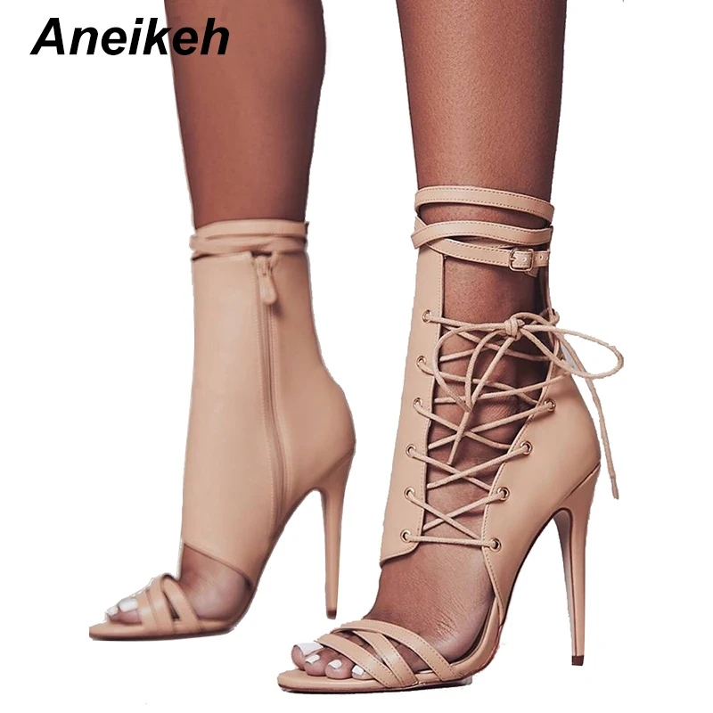 Beste Aneikeh Romeinse Gesp Schoenen Vrouwen Sandalen Sexy Gladiator Lace Up Peep Toe Sandalen Hoge Hakken Vrouw Enkel Bootst 88 20