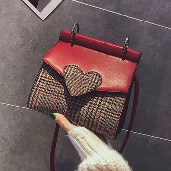 

ETAILL Heart Shape Flap Shoulder Bag Autumn Winter Fashion Woolen Small Crossbody Bag England Plaid Causal Style Messenger bag