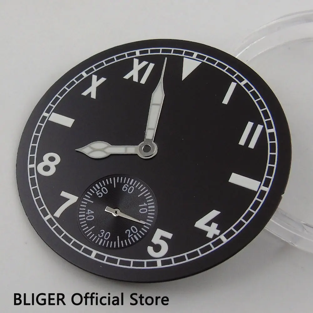 

Black Sterile Stainless Steel 38.9MM Watch Dial White Roman Numerals Luminous Watch Hands Fit for ETA 6498 Hand-Winding Movement