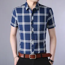 Мужская рубашка с коротким рукавом и контрастной клетчатой/полосатой хлопковой рубашкой с отложным воротником, мужская повседневная рубашка на пуговицах
