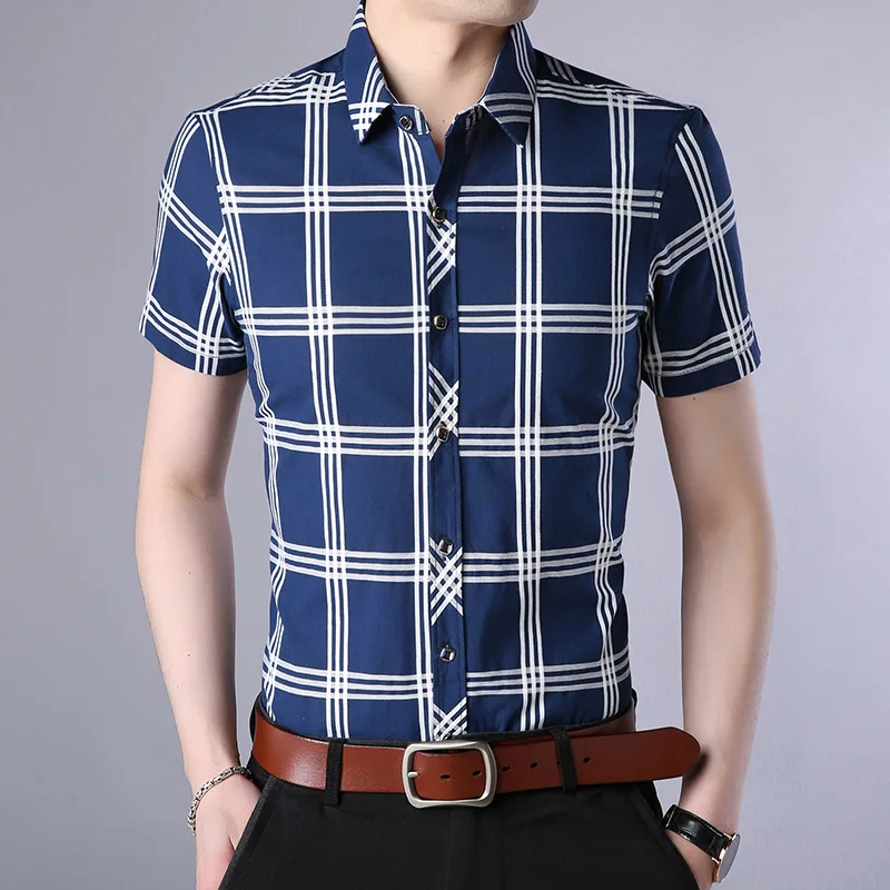 Men's Short Sleeve Contrast Plaid/Striped Cotton Dress Shirt with Turn ...