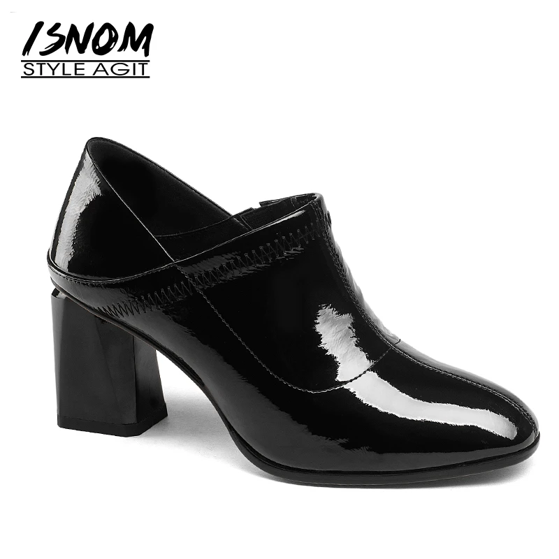 ISNOM 2018 Autumn Patent Leather Women Pumps Thick High Heels Female