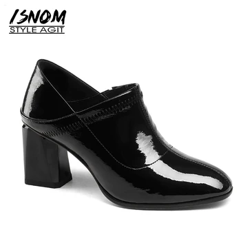 

ISNOM 2018 Autumn Patent Leather Women Pumps Thick High Heels Female Shoes Cover Instep Footwear Square Toe Mules Ladies Shoes