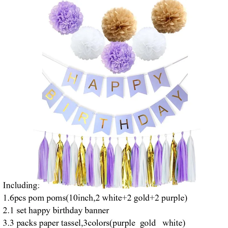 Украшения для детского душа Золотая шелковая бумага кисточки помпоны мальчик девочка счастливый плакат "с днем рождения" предметы для вечеринки, сувениры Декор детский душ - Цвет: Purple style 6