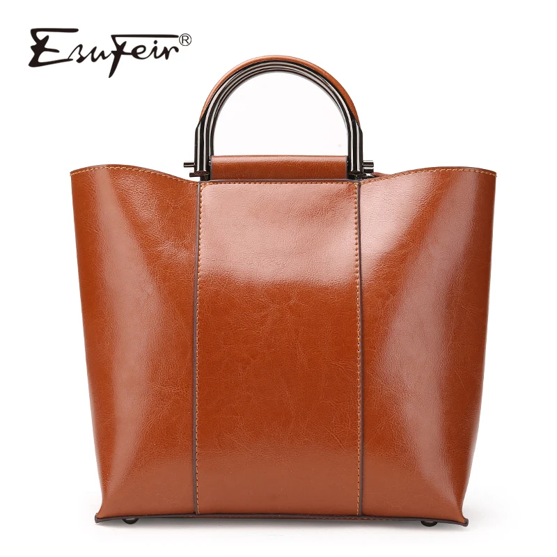 

2017 ESUFEIR Brand Genuine Leather Handbag for Women Fashion Oil Wax Leather Shoulder Bag Large capacity Casual Tote Women Bags