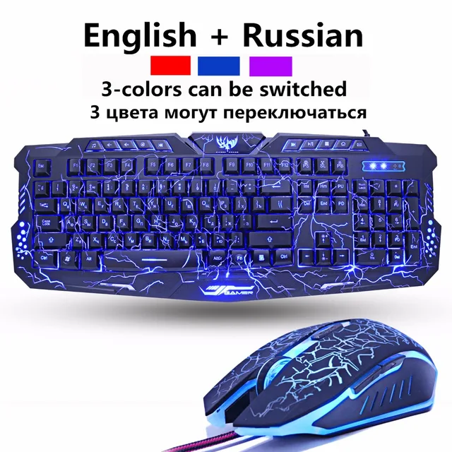 En Game Keyboard and mouse Combos Backlit USB Wired Waterproof cool blue red purple Russia 2
