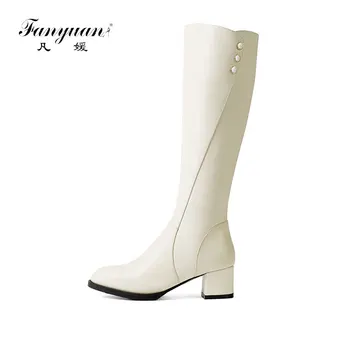 

Daitifen Top Quality Leather Knee-High Boots Women Concise Riding Chelsea Boots Female Winter Non Slip Block Heels Shoes Woman