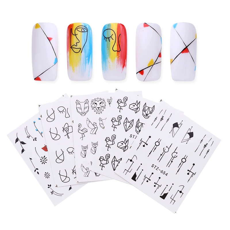 5 листов простые линии для дизайна ногтей Водные Наклейки Геометрические Животные Маникюр DIY переводные наклейки для ногтей