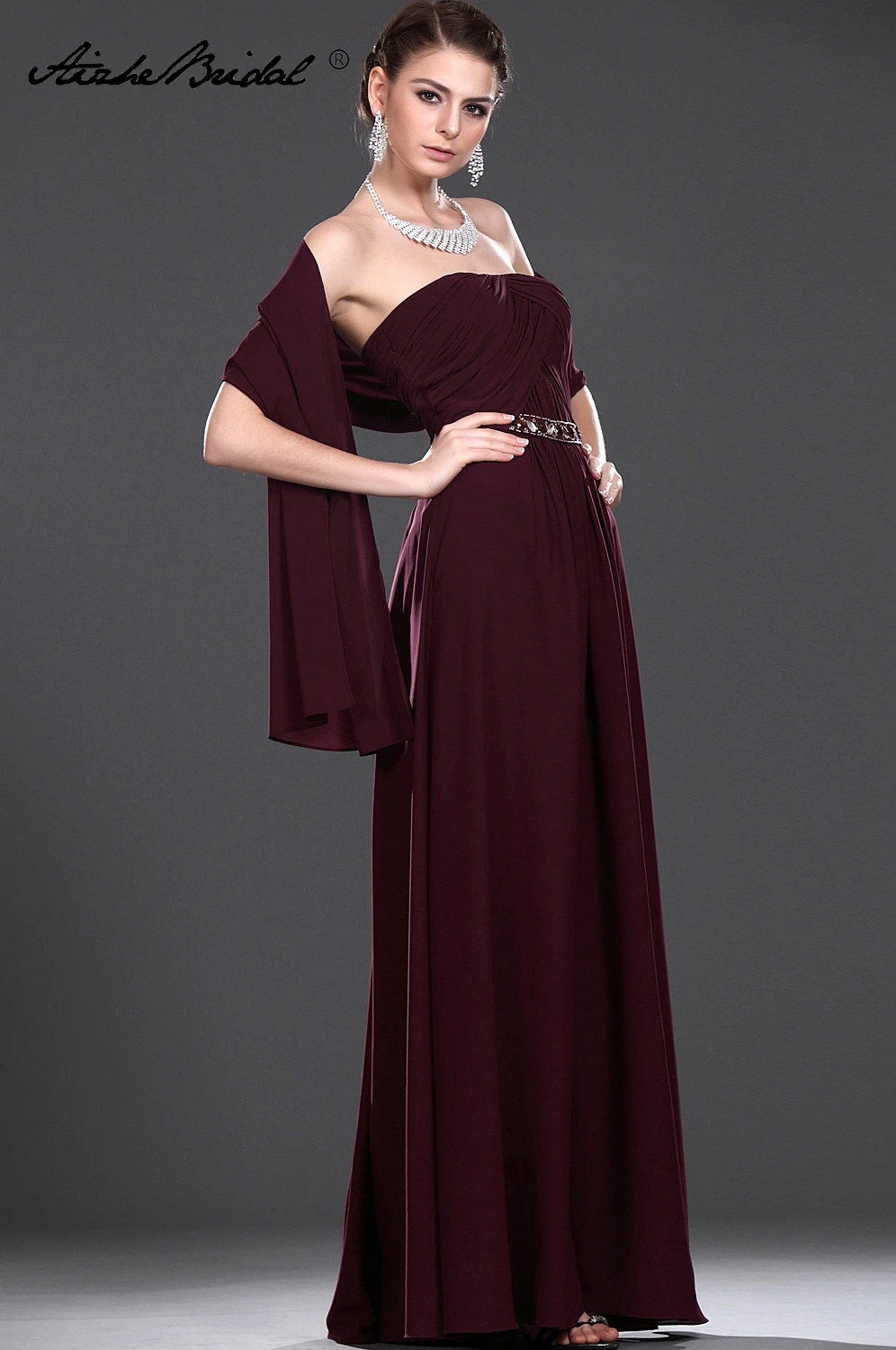 Bruiloft Jurk Lange Moeder Van De Bruidegom Jurken Strapless Bourgondië Chiffon Moeder van de Bruid Jurk met Sjaal Bruiloft Jurk Lange Moeder Van De Bruidegom Jurken Strapless Bourgondië Chiffon Moeder van de Bruid Jurk met Sjaal