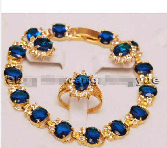 

FREE shipping>>Fashion Jewelry Blue Zircon Inlay Link Bracelet earrings Ring Set AAA