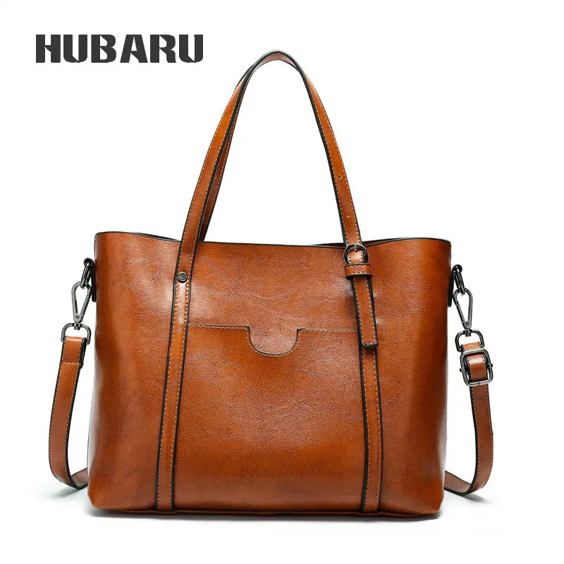 

HUBARU Women Retro Handbag Oil Wax Leather Shoulder Bag Tote Designer Crossbody Simple Practical Shopping Bag Female Messenger