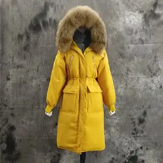 Large Real Fur Collar Hooded Long Down Parkas Winter White Duck Down Jacket Loose Overcoat Female Women Coat Snow Outwear - Цвет: yellow